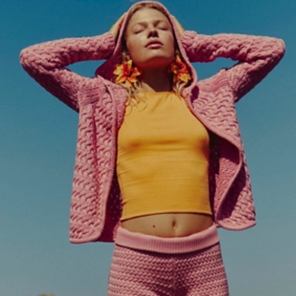 Free People Pink Knit Hoodie Cardigan with Yellow Top